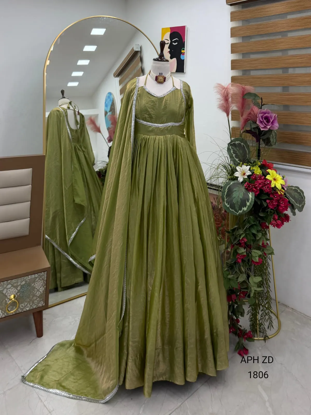 Elegant Olive Green Designer Anarkali Gown
